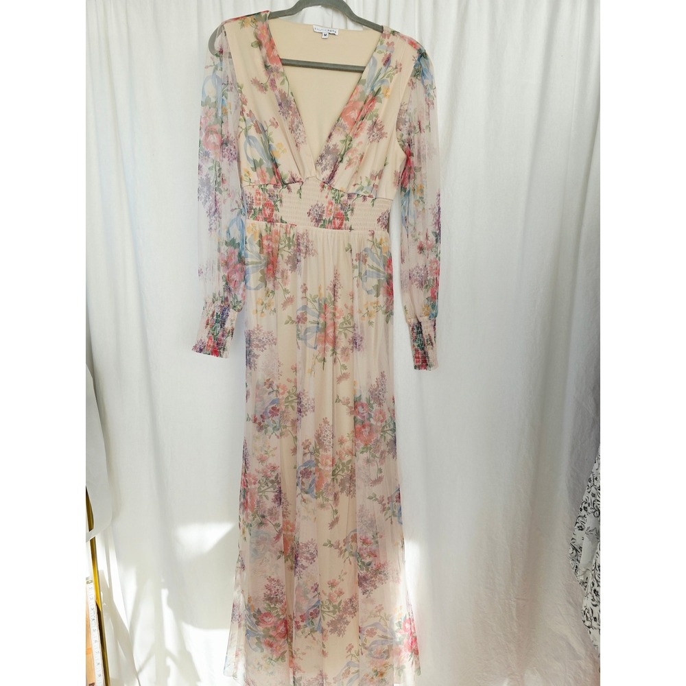 NEW. Baltic Born Katya Long Sleeve Maxi Dress Cream Floral Smocked Waist Medium - Picture 2 of 8